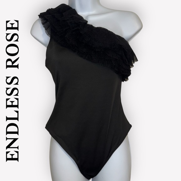 ENDLESS ROSE Elegant Black Tulle Ruffled One Shoulder Bodysuit EUC Medium - Picture 1 of 6
